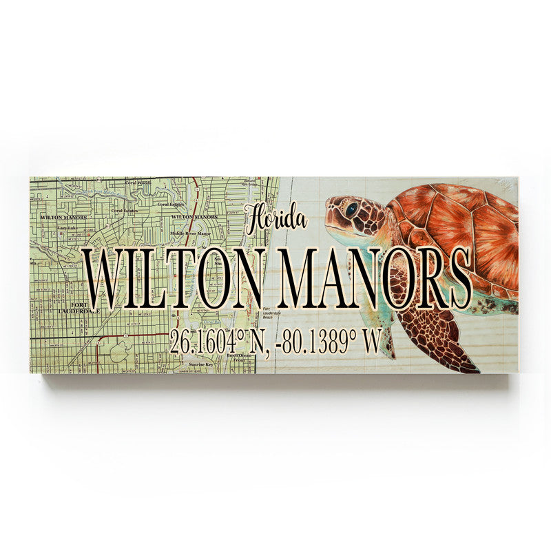 Wilton Manors Florida with Sea Turtle 3x9 Wood Coordinate Wall Hanging Map Sign
