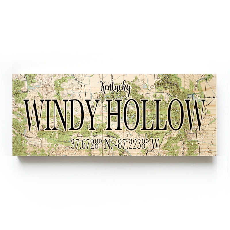 Windy Hallow Kentucky 3x9 Wood Coordinate Wall Hanging Map Sign