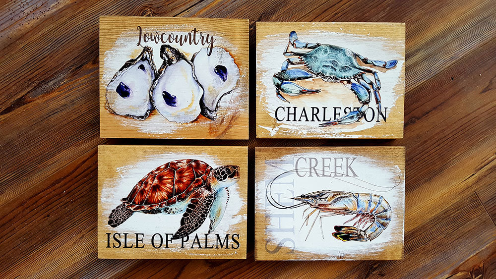 4 Pack Charleston Crab Oysters Turtle Shrimp Artwork 5 x 7