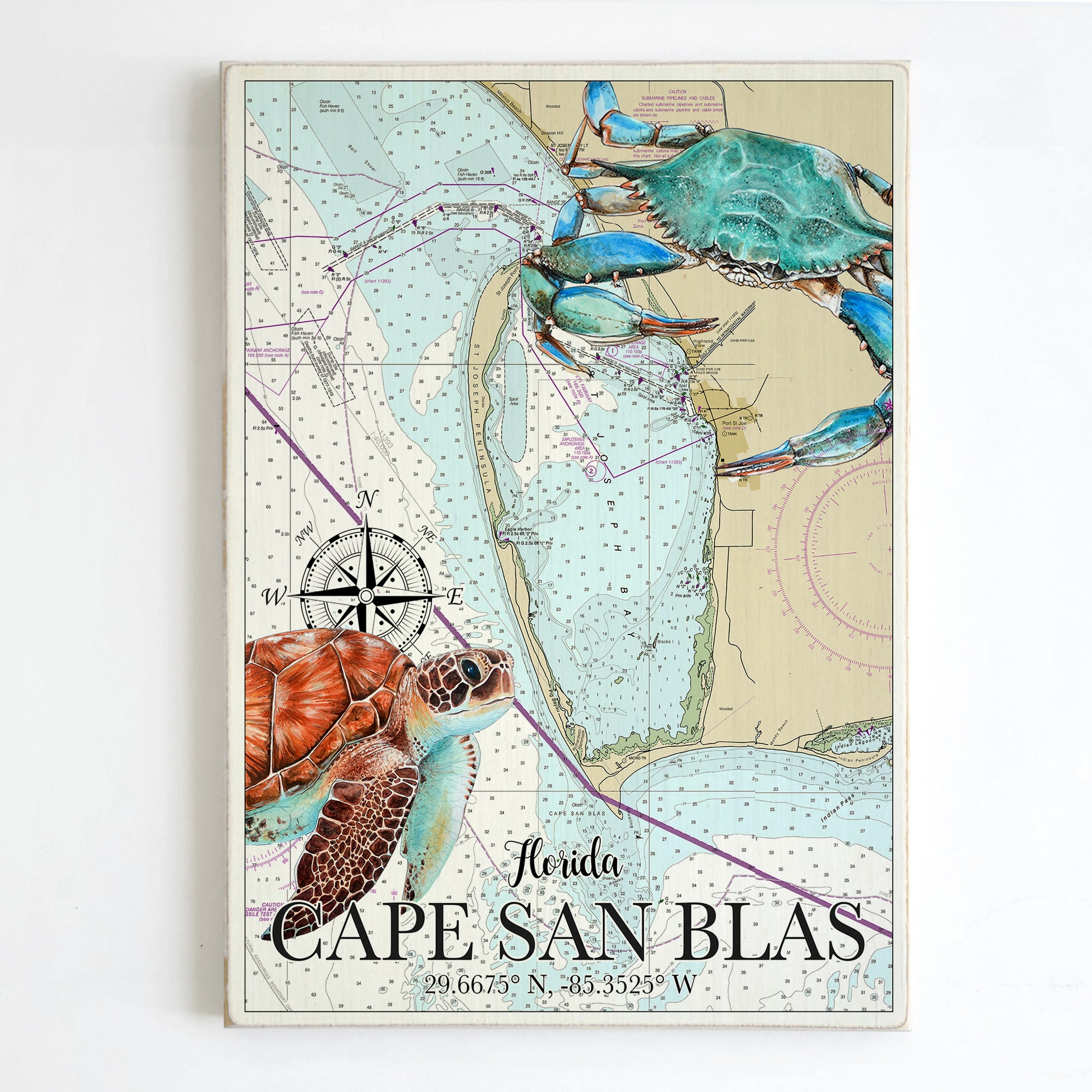 Cape San Blas, FL  Sea Turtle and Blue Crab Plank Map