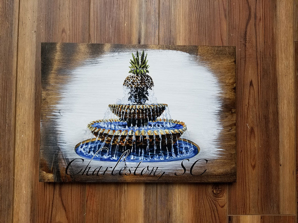 Charleston, SC Pineapple Fountain Plank Artwork