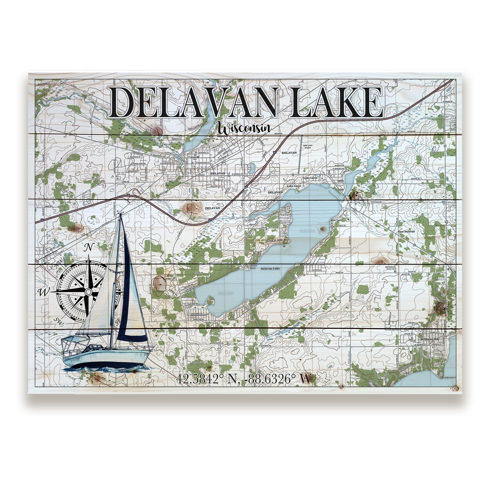 Delavan Lake, WI - Sailboat Pallet Map