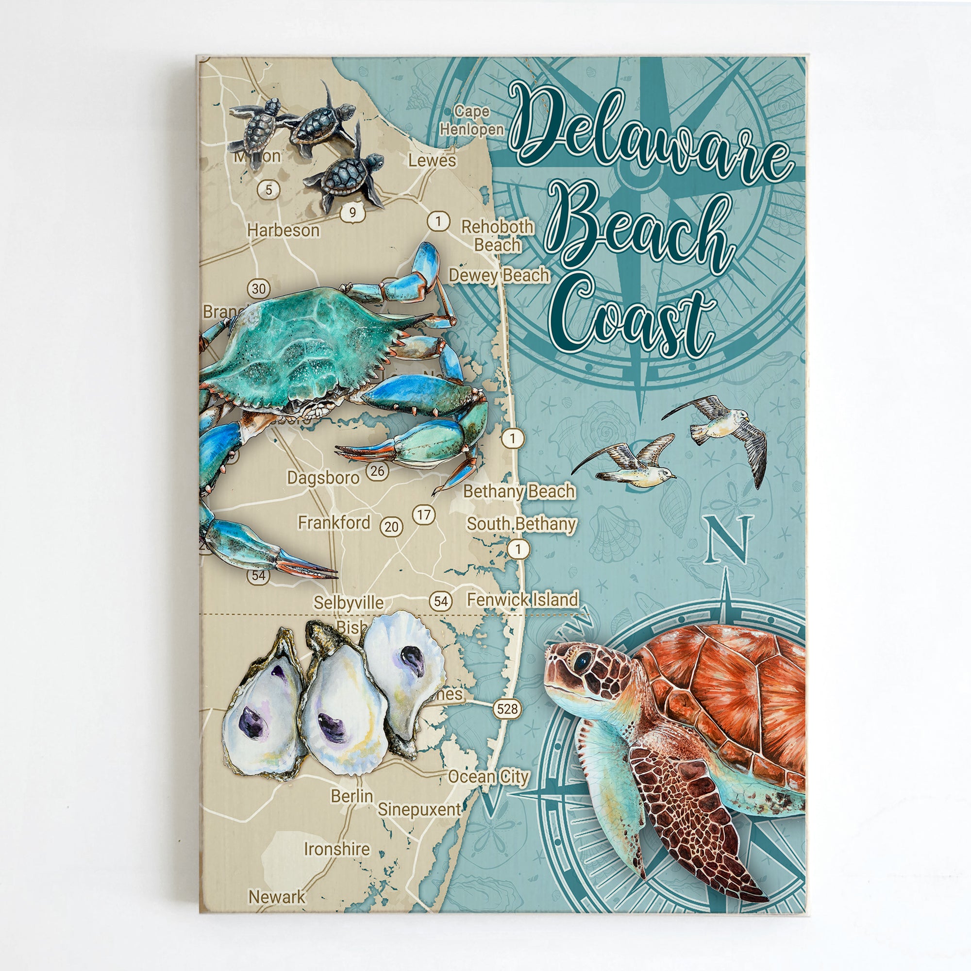 Delaware Beach Coast, Sea Life Plank Map
