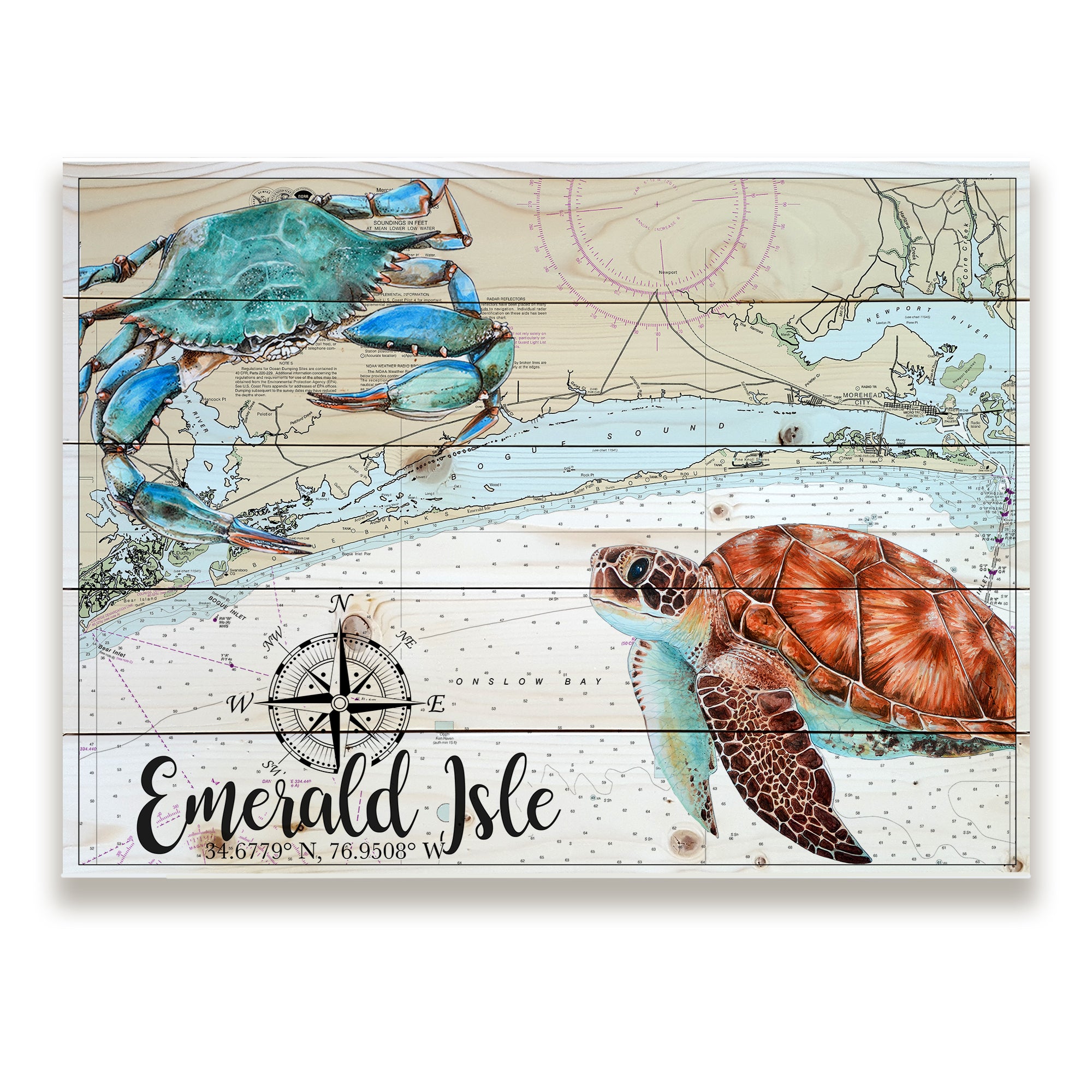 Emerald Isle, NC - Blue Crab, Sea Turtle Pallet Map