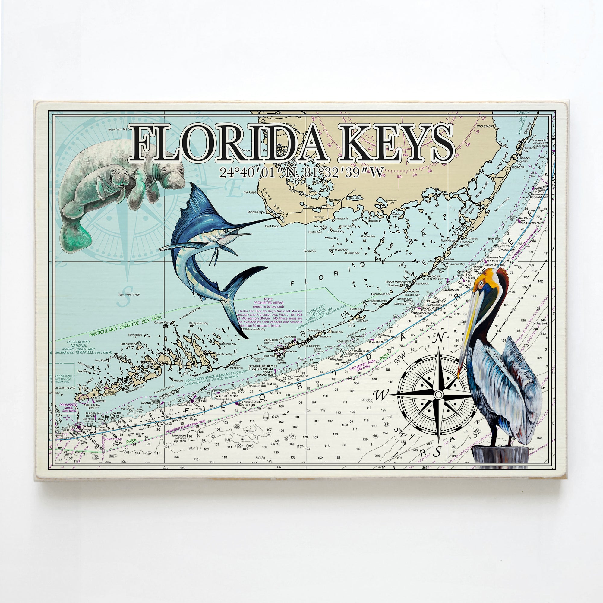 Florida Keys, FL  Pelican, Sailfish, Manatee Plank Map