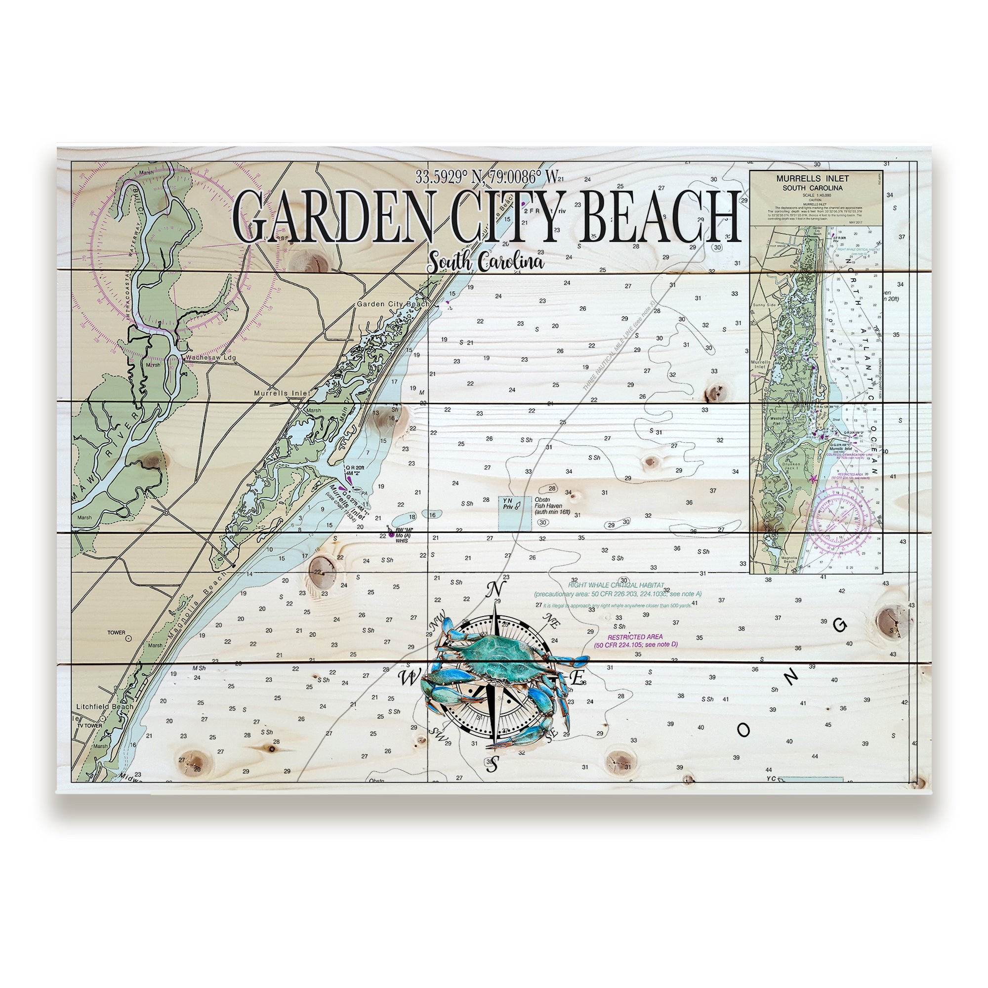 Garden City Beach, SC - Blue Crab Pallet Map