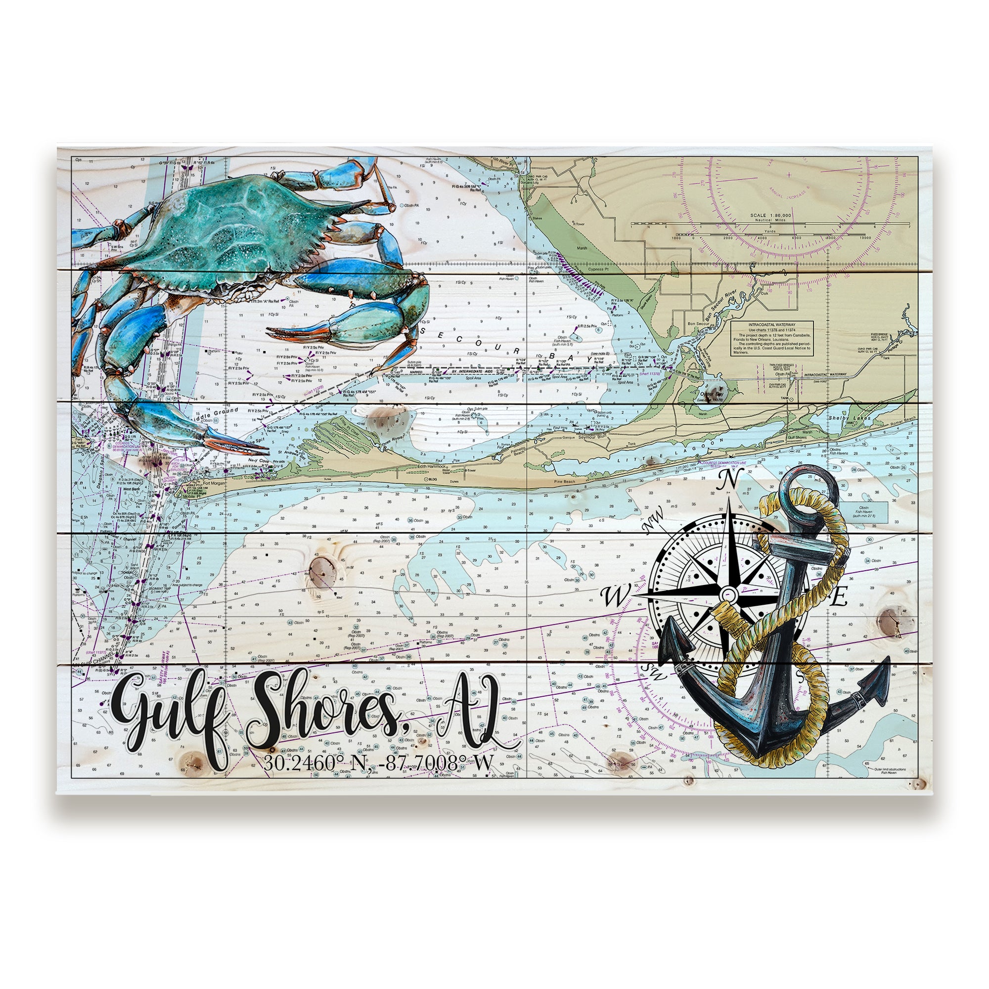 Gulf Shores, Alabama- Blue Crab & Anchor Pallet Map