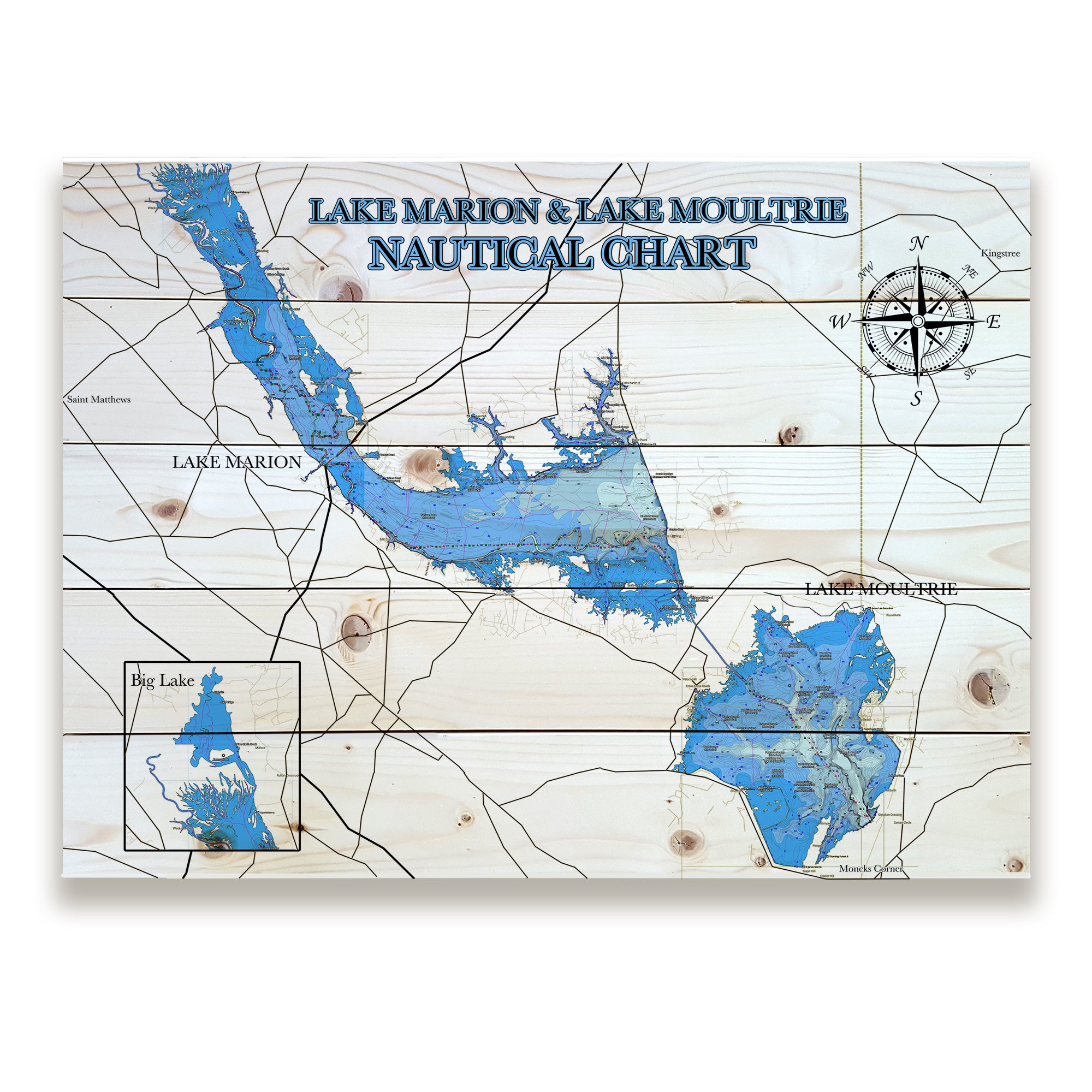 Lake Moultrie & Lake Marion, SC Nautical Pallet Map