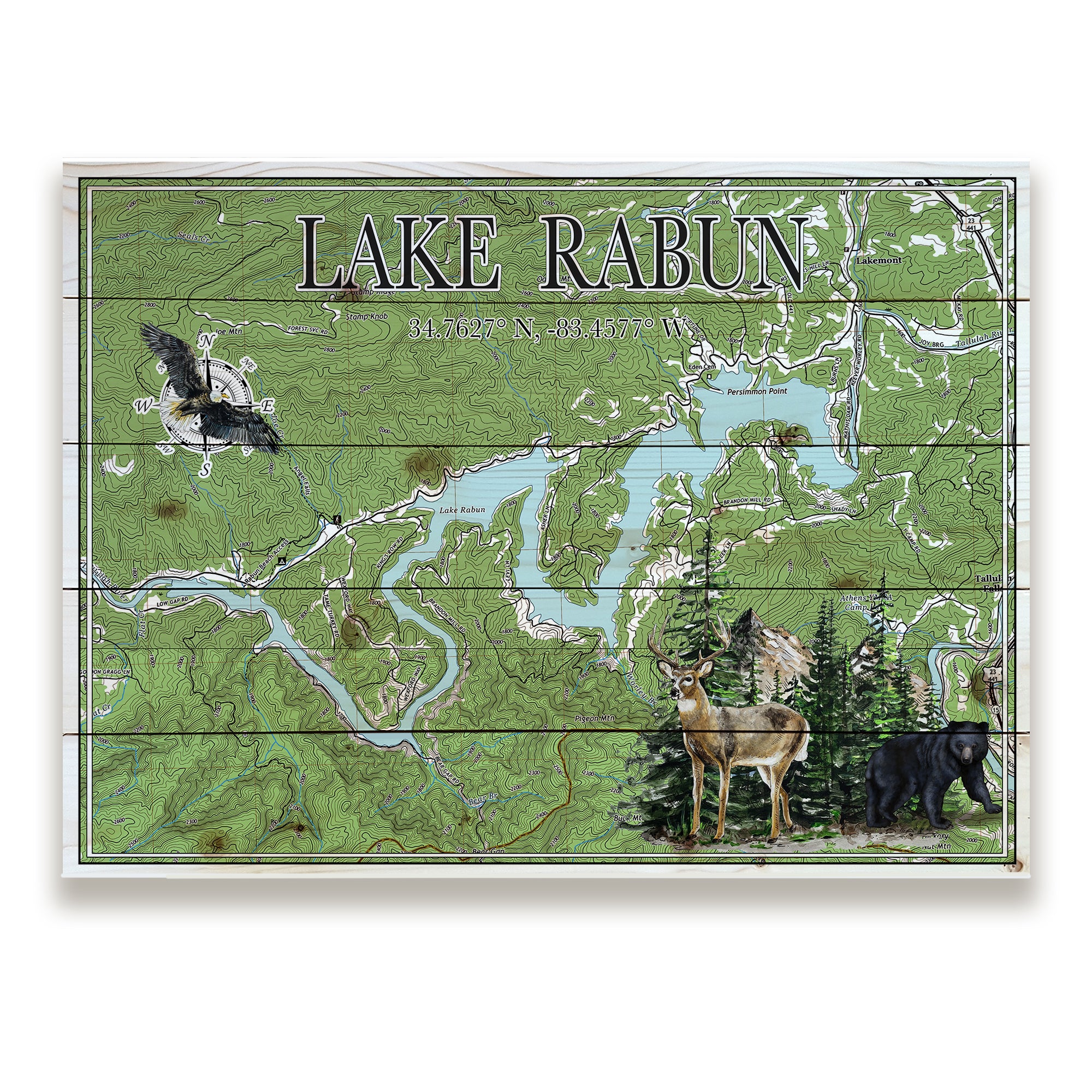 Lake of Rabun, GA- Deer, Black Bear & Eagle Pallet Map