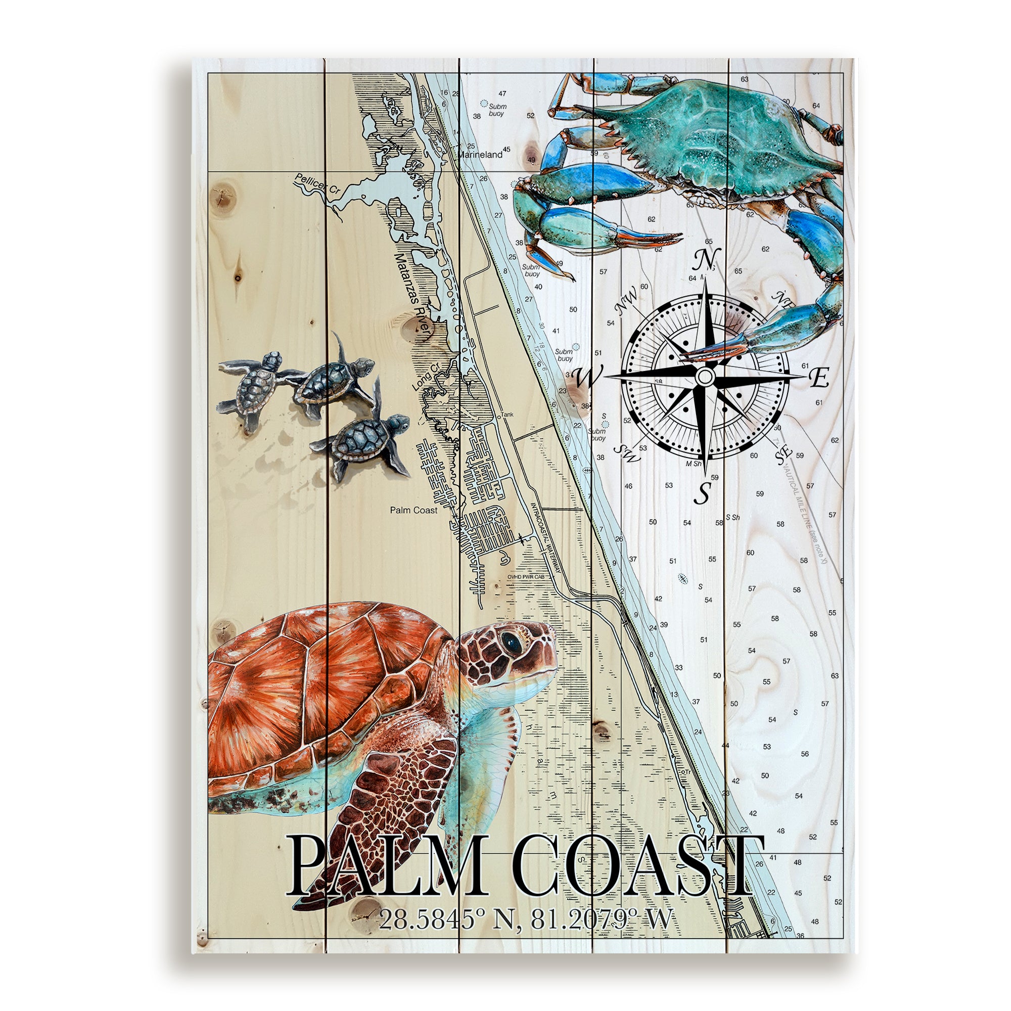 Palm Coast,  FL - Blue Crab & Sea Turtles Pallet Map