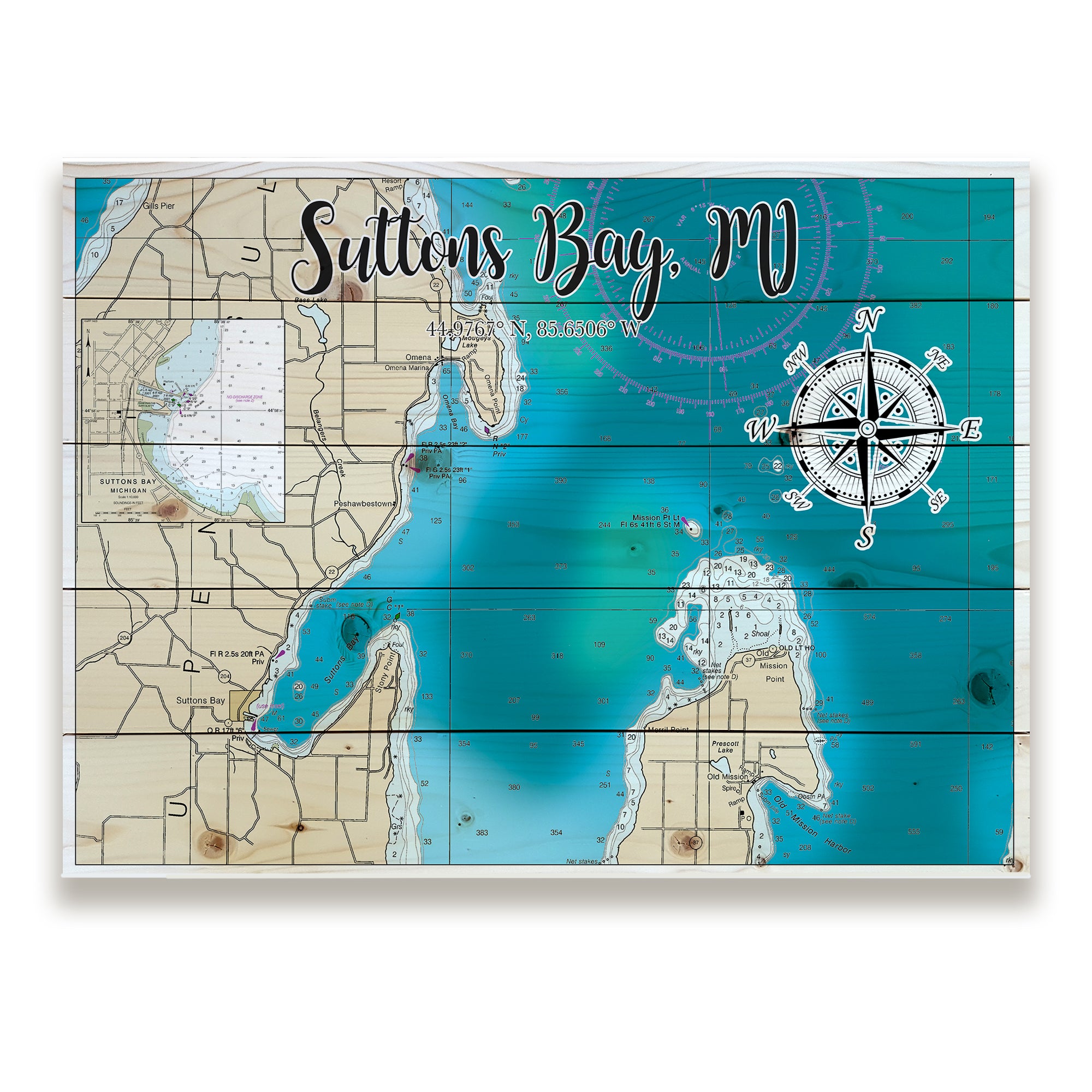 Suttons Bay, MI -Teal Pallet Map